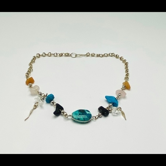 Artisan Gemstone Chrysocolla Onyx Turquoise Quartz Silver Chain Anklet Bracelet - Picture 2 of 13